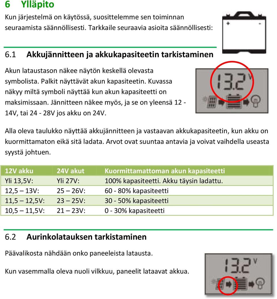 Kuvassa näkyy miltä symboli näyttää kun akun kapasiteetti on maksimissaan. Jännitteen näkee myös, ja se on yleensä 12-14V, tai 24-28V jos akku on 24V.