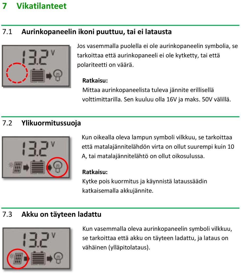 Ratkaisu: Mittaa aurinkopaneelista tuleva jännite erillisellä volttimittarilla. Sen kuuluu olla 16V ja maks. 50V välillä. 7.