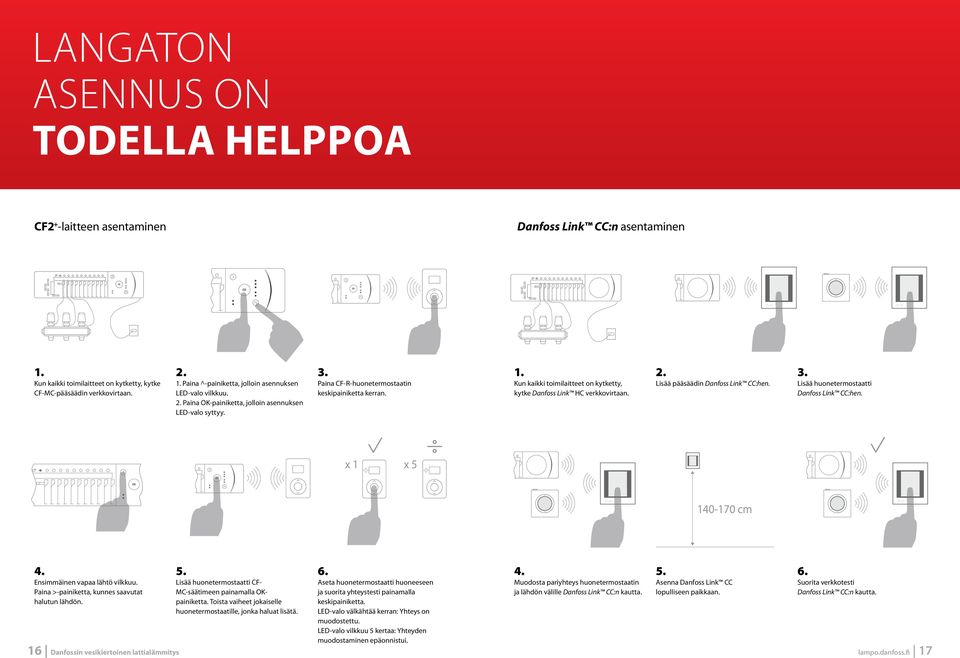 Lisää pääsäädin Danfoss Link CC:hen. 3. Lisää huonetermostaatti Danfoss Link CC:hen. x 1 x 5 140-170 cm 4. Ensimmäinen vapaa lähtö vilkkuu. Paina >-painiketta, kunnes saavutat halutun lähdön. 5. Lisää huonetermostaatti CF- MC-säätimeen painamalla OKpainiketta.