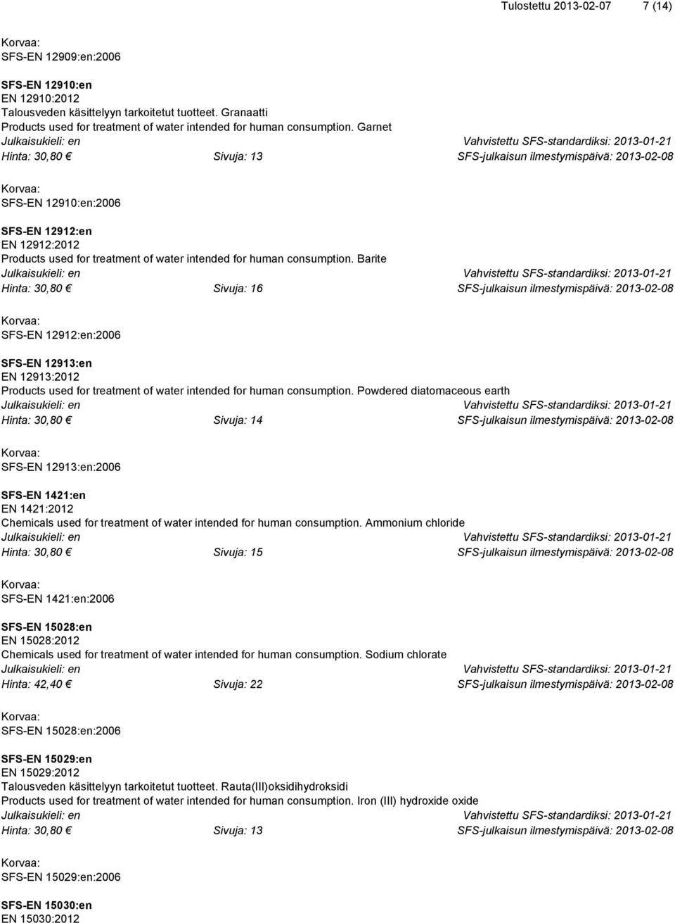 Garnet Hinta: 30,80 Sivuja: 13 SFS-EN 12910:en:2006 SFS-EN 12912:en EN 12912:2012 Products used for treatment of water intended for human consumption.