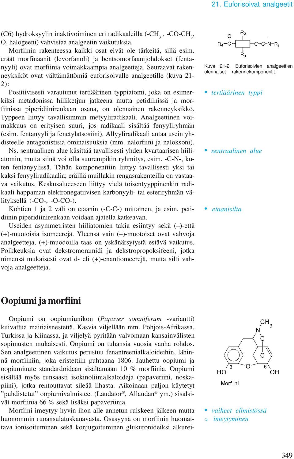 Seuraavat rakenneyksiköt ovat välttäättöiä euforisoivalle analgeetille (kuva 21-2): Positiivisesti varautunut tertiäärinen typpiatoi, joka on esierkiksi etadonissa hiiliketjun jatkeena utta