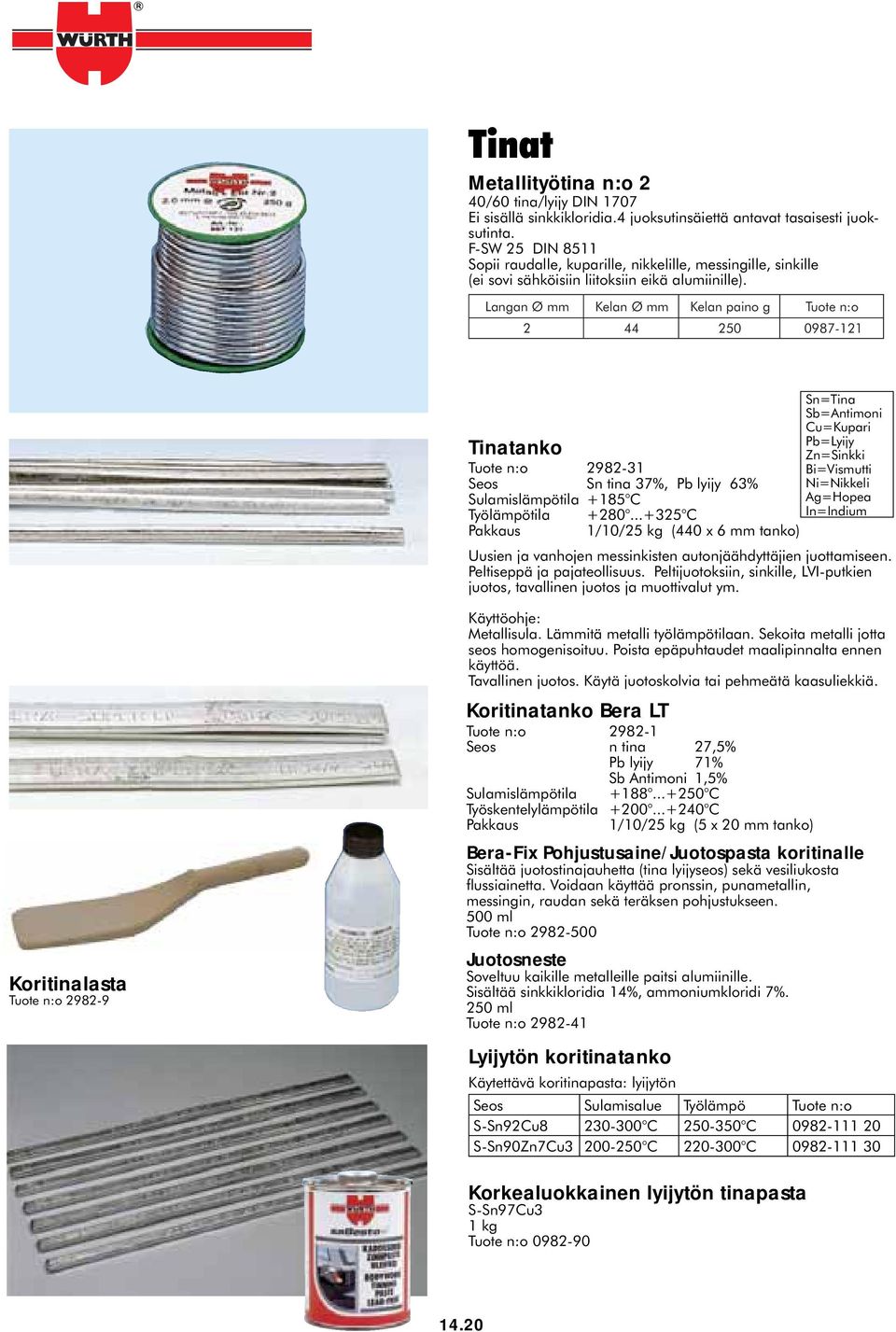 Langan Ø mm Kelan Ø mm Kelan paino g Tuote n: o 2 44 250 0987-121 Tinatanko Tuote n:o 2982-31 Seos Sn tina 37%, Pb lyijy 63% Sulamislämpötila +185 C Työlämpötila +280.