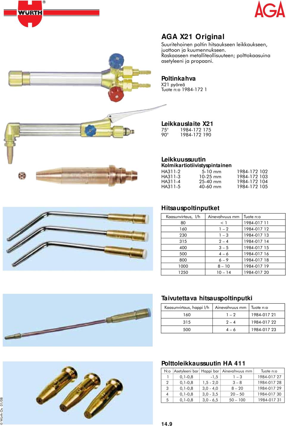 HA311-4 25-40 mm 1984-172 104 HA311-5 40-60 mm 1984-172 105 Hitsauspoltinputket Kaasunvirtaus, l/h Ainevahvuus mm Tuote n:o 80 < 1 1984-017 11 160 1 2 1984-017 12 230 1 3 1984-017 13 315 2 4 1984-017