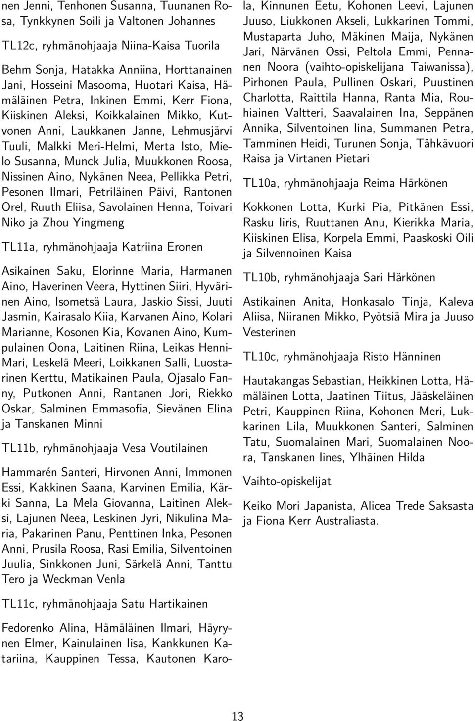 Muukkonen Roosa, Nissinen Aino, Nykänen Neea, Pellikka Petri, Pesonen Ilmari, Petriläinen Päivi, Rantonen Orel, Ruuth Eliisa, Savolainen Henna, Toivari Niko ja Zhou Yingmeng TL11a, ryhmänohjaaja