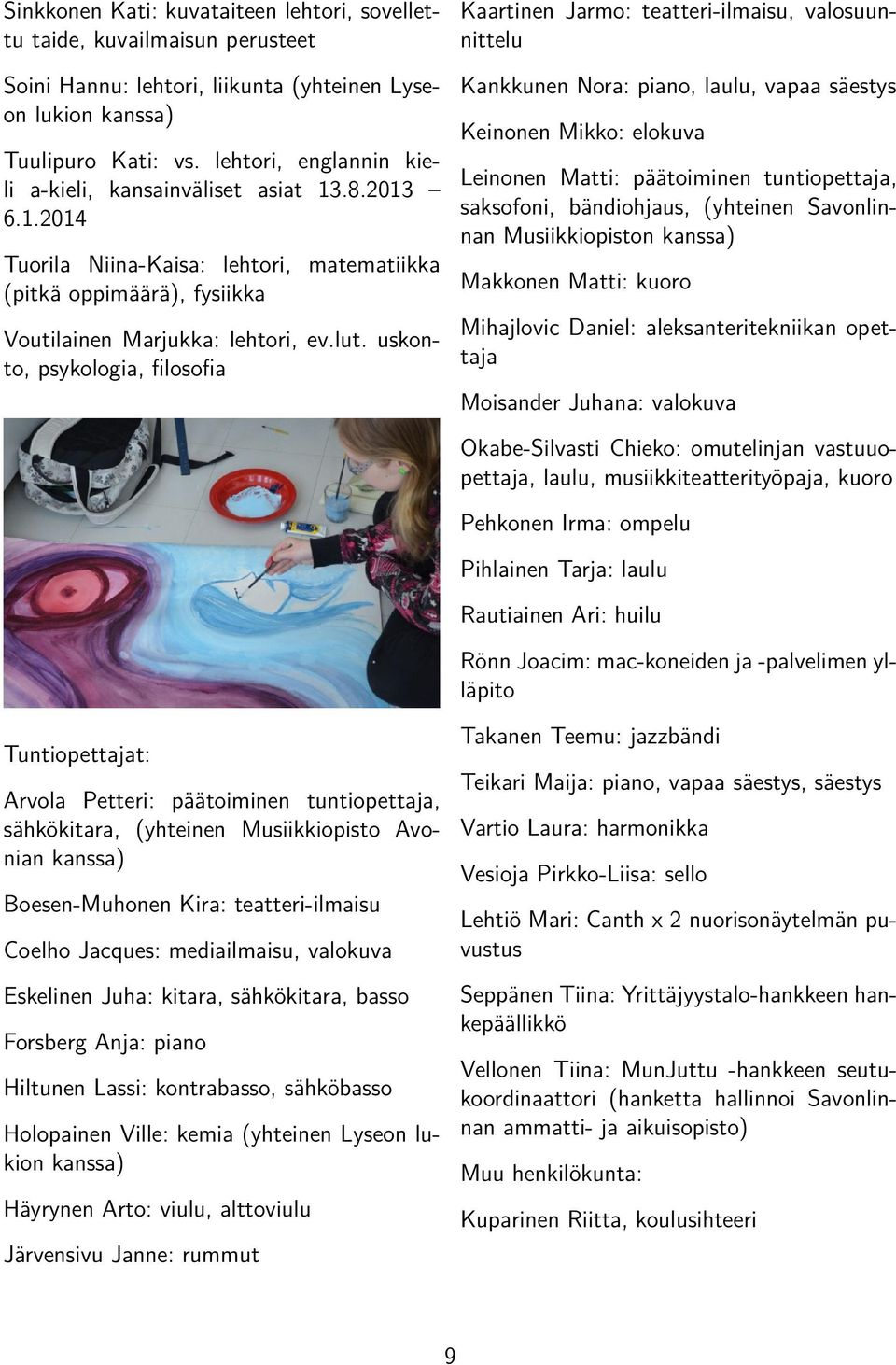 uskonto, psykologia, filosofia Kaartinen Jarmo: teatteri-ilmaisu, valosuunnittelu Kankkunen Nora: piano, laulu, vapaa säestys Keinonen Mikko: elokuva Leinonen Matti: päätoiminen tuntiopettaja,