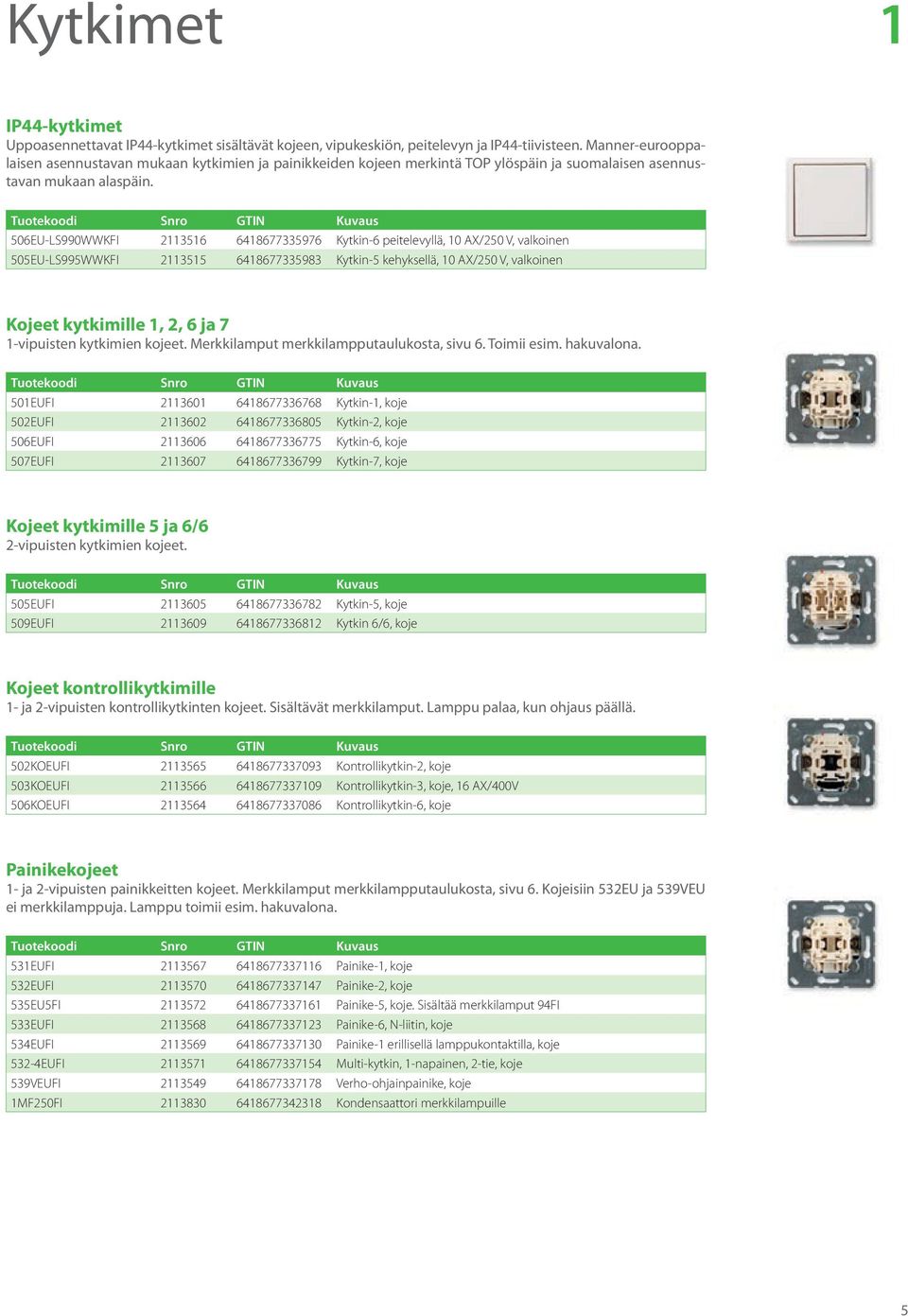 506EU-LS990WWKFI 2113516 6418677335976 Kytkin-6 peitelevyllä, 10 AX/250 V, valkoinen 505EU-LS995WWKFI 2113515 6418677335983 Kytkin-5 kehyksellä, 10 AX/250 V, valkoinen Kojeet kytkimille 1, 2, 6 ja 7