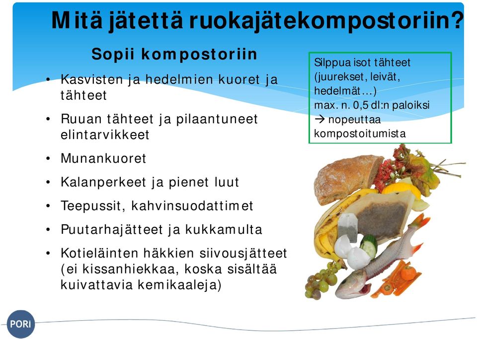 Munankuoret Kalanperkeet ja pienet luut Teepussit, kahvinsuodattimet Puutarhajätteet ja kukkamulta