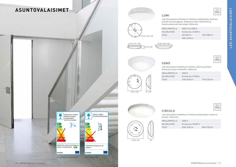 3000 K tai 4000 K Kiinteä led, 25 000 h 6 W 480 lm 12 W 1080 lm 18 W 1450 lm Ø 330 / 400 / 488 LE-ASUNTOVALAISIMET 150 150 SONO Led-yleisvalaisin kahdella eri teholla. Asennus pintaan.