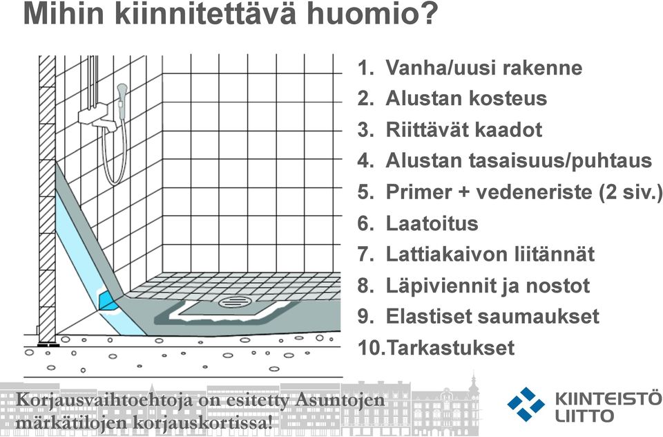 Vanha/uusi rakenne 2. Alustan kosteus 3. Riittävät kaadot 4.