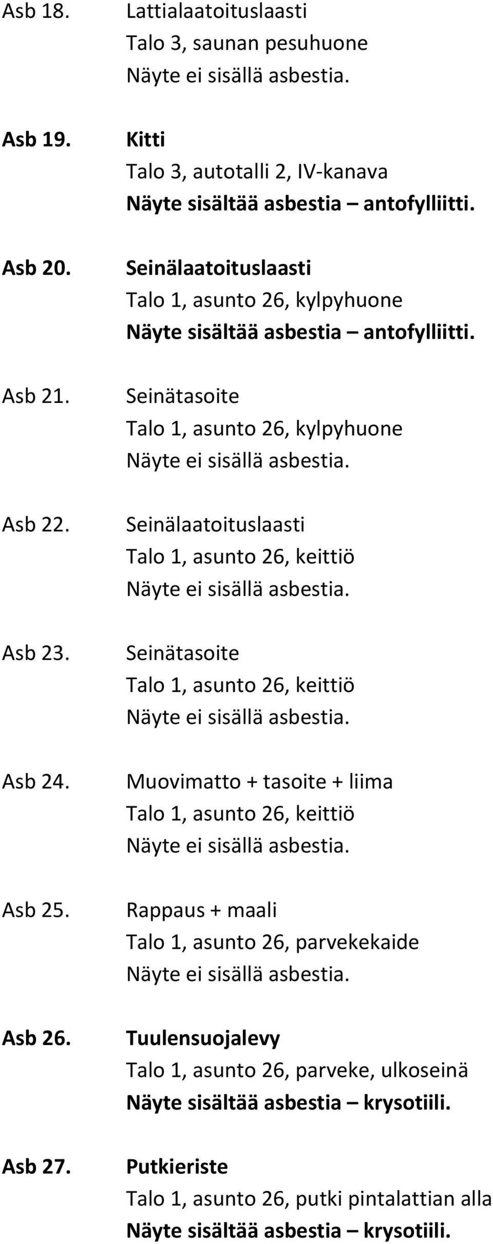 kylpyhuone Talo 1, asunto 26, keittiö Talo 1, asunto 26, keittiö Muovimatto + tasoite + liima Talo 1, asunto 26, keittiö Rappaus + maali