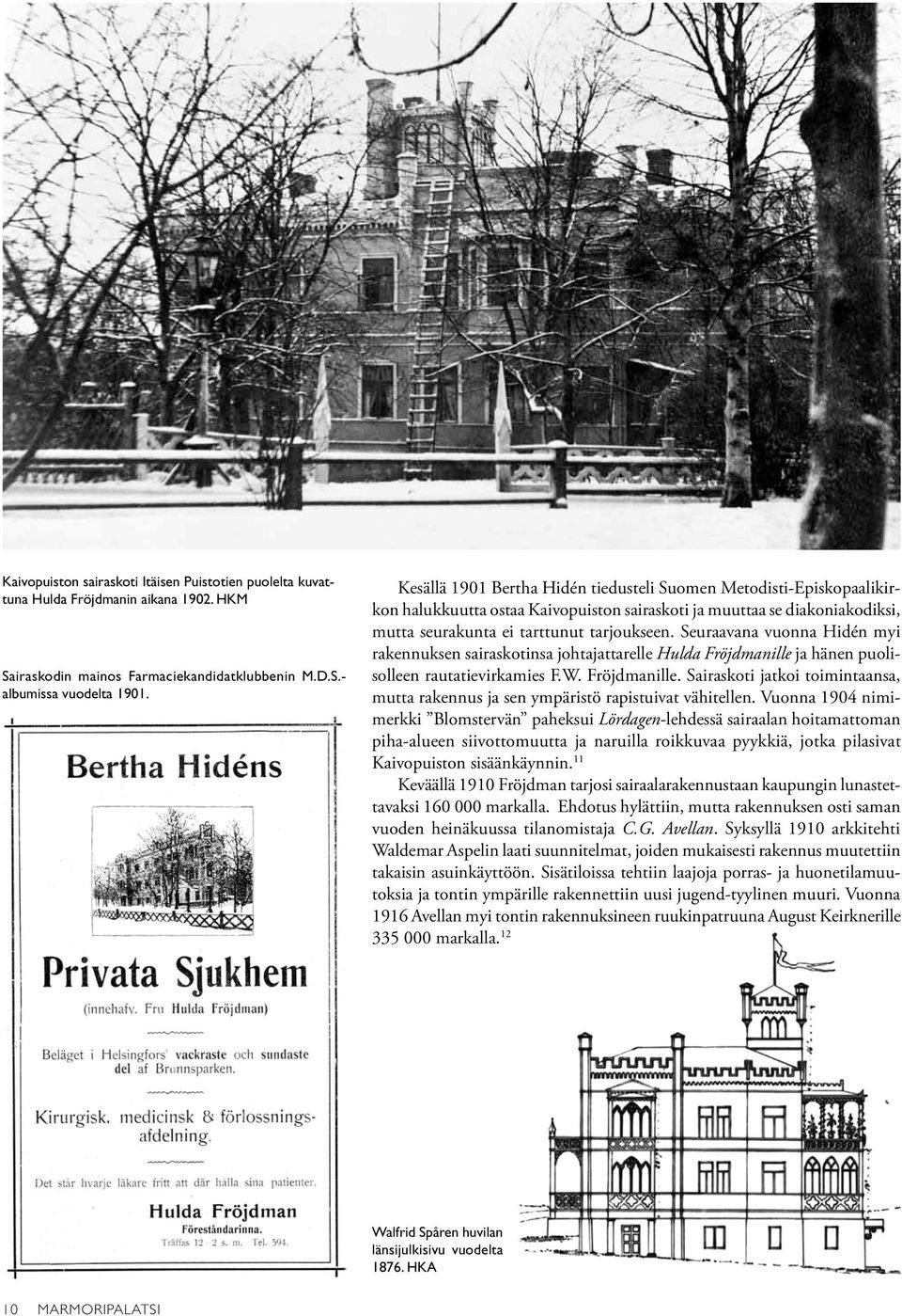 Seuraavana vuonna Hidén myi rakennuksen sairaskotinsa johtajattarelle Hulda Fröjdmanille ja hänen puolisolleen rautatievirkamies F.W. Fröjdmanille. Sairaskoti jatkoi toimintaansa, mutta rakennus ja sen ympäristö rapistuivat vähitellen.