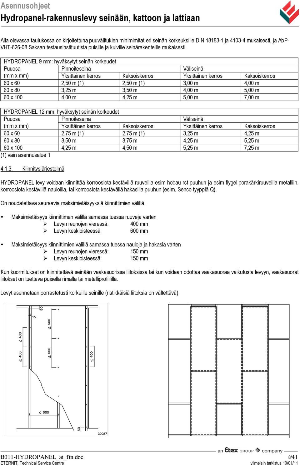 HYDROPANEL 9 mm: hyväksytyt seinän korkeudet Puuosa Pinnoiteseinä Väliseinä (mm x mm) Yksittäinen kerros Kaksoiskerros Yksittäinen kerros Kaksoiskerros 60 x 60 2,50 m (1) 2,50 m (1) 3,00 m 4,00 m 60