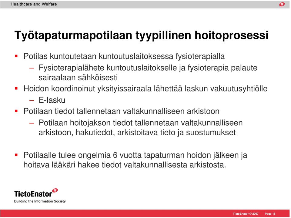 E-lasku Potilaan tiedot tallennetaan valtakunnalliseen arkistoon Potilaan hoitojakson tiedot tallennetaan valtakunnalliseen arkistoon,