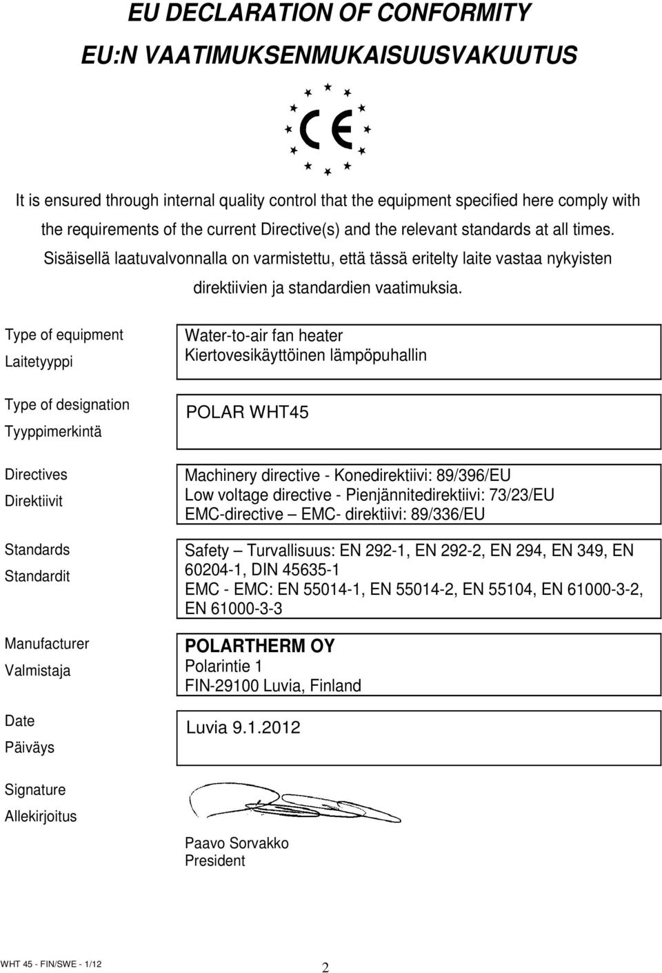 Type of equipment Laitetyyppi Type of designation Tyyppimerkintä Directives Direktiivit Standards Standardit Manufacturer Valmistaja Date Päiväys Signature Allekirjoitus Water-to-air fan heater