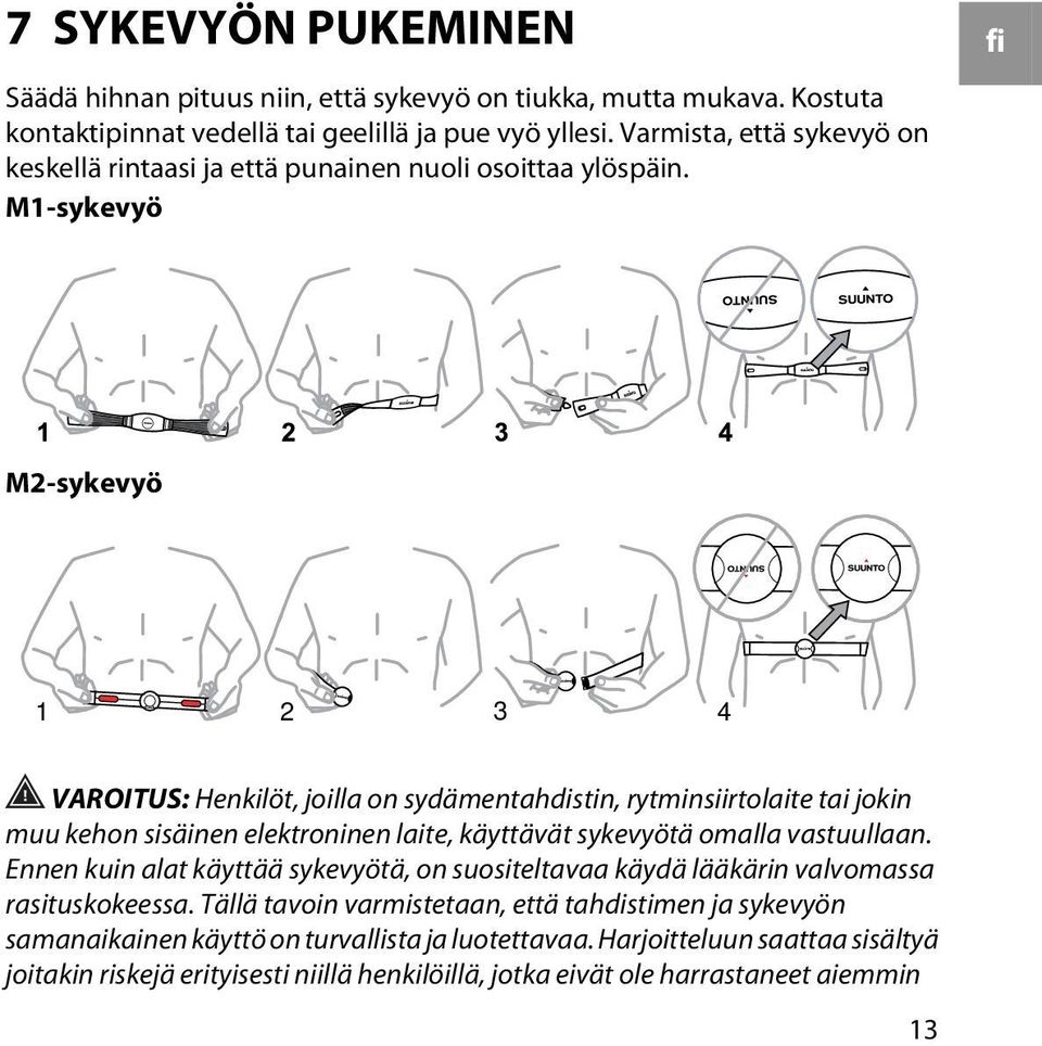 M1-sykevyö fi M2-sykevyö 1 2 3 4 VAROITUS: Henkilöt, joilla on sydämentahdistin, rytminsiirtolaite tai jokin muu kehon sisäinen elektroninen laite, käyttävät sykevyötä omalla