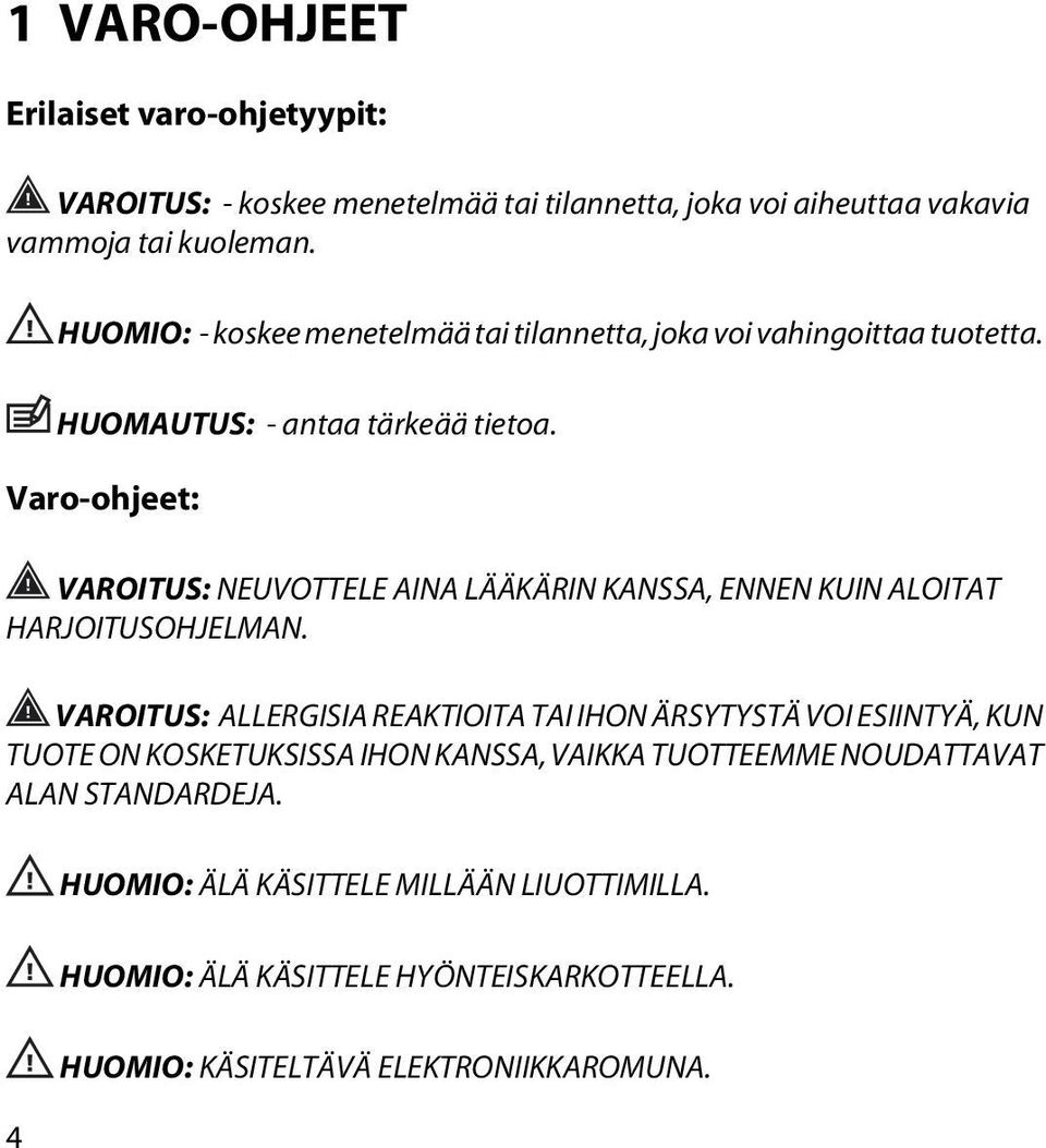 Varo-ohjeet: VAROITUS: NEUVOTTELE AINA LÄÄKÄRIN KANSSA, ENNEN KUIN ALOITAT HARJOITUSOHJELMAN.