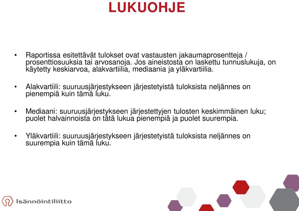 Alakvartiili: suuruusjärjestykseen järjestetyistä tuloksista neljännes on pienempiä kuin tämä luku.