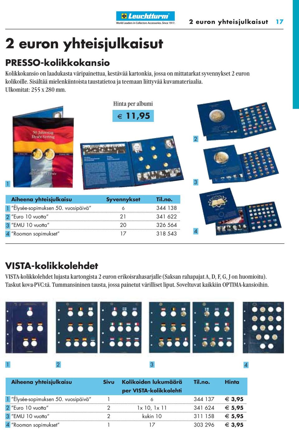 vuosipäivä 6 344 138 2 Euro 10 vuotta 21 341 622 3 EMU 10 vuotta 20 326 564 4 Rooman sopimukset 17 318 543 4 VISTA-kolikkolehdet VISTA-kolikkolehdet lujasta kartongista 2 euron erikoisrahasarjalle