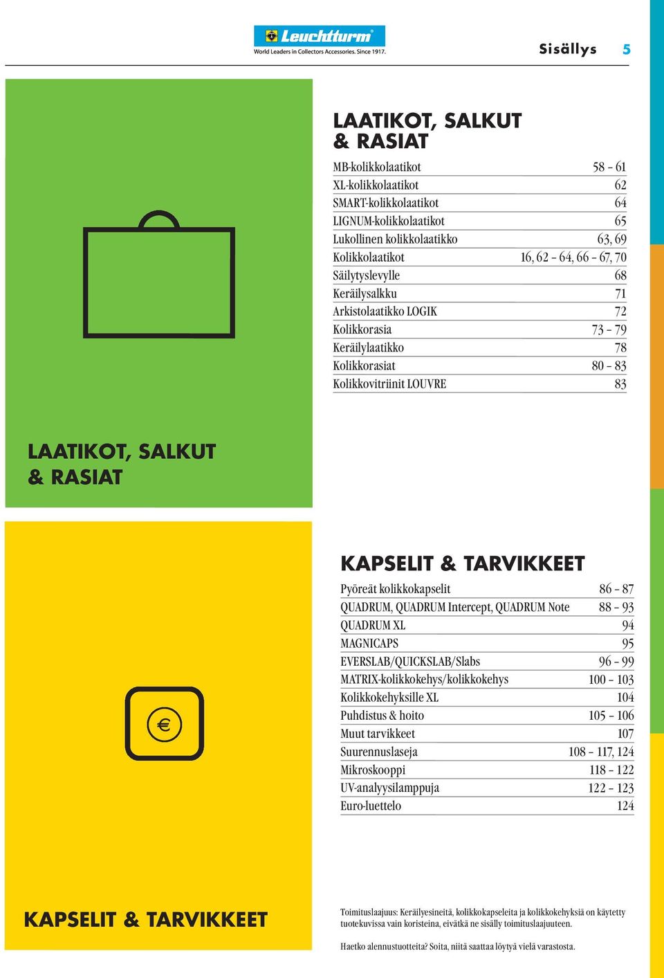 TARVIKKEET Pyöreät kolikkokapselit 86 87 QUADRUM, QUADRUM Intercept, QUADRUM Note 88 93 QUADRUM XL 94 MAGNICAPS 95 EVERSLAB/QUICKSLAB/Slabs 96 99 MATRIX-kolikkokehys/kolikkokehys 100 103