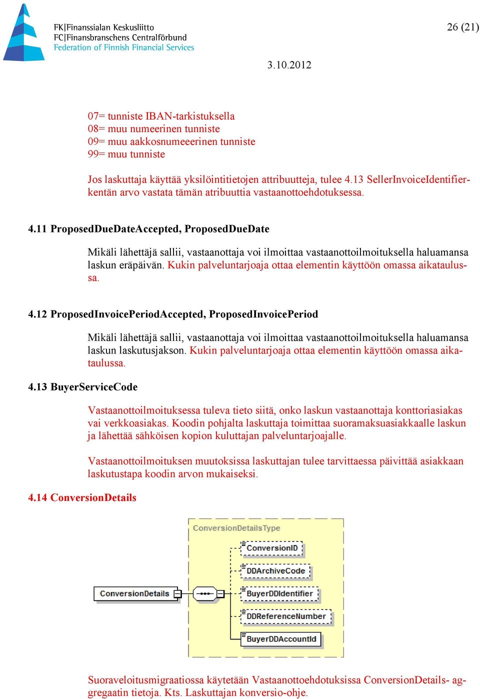 11 ProposedDueDateAccepted, ProposedDueDate Mikäli lähettäjä sallii, vastaanottaja voi ilmoittaa vastaanottoilmoituksella haluamansa laskun eräpäivän.