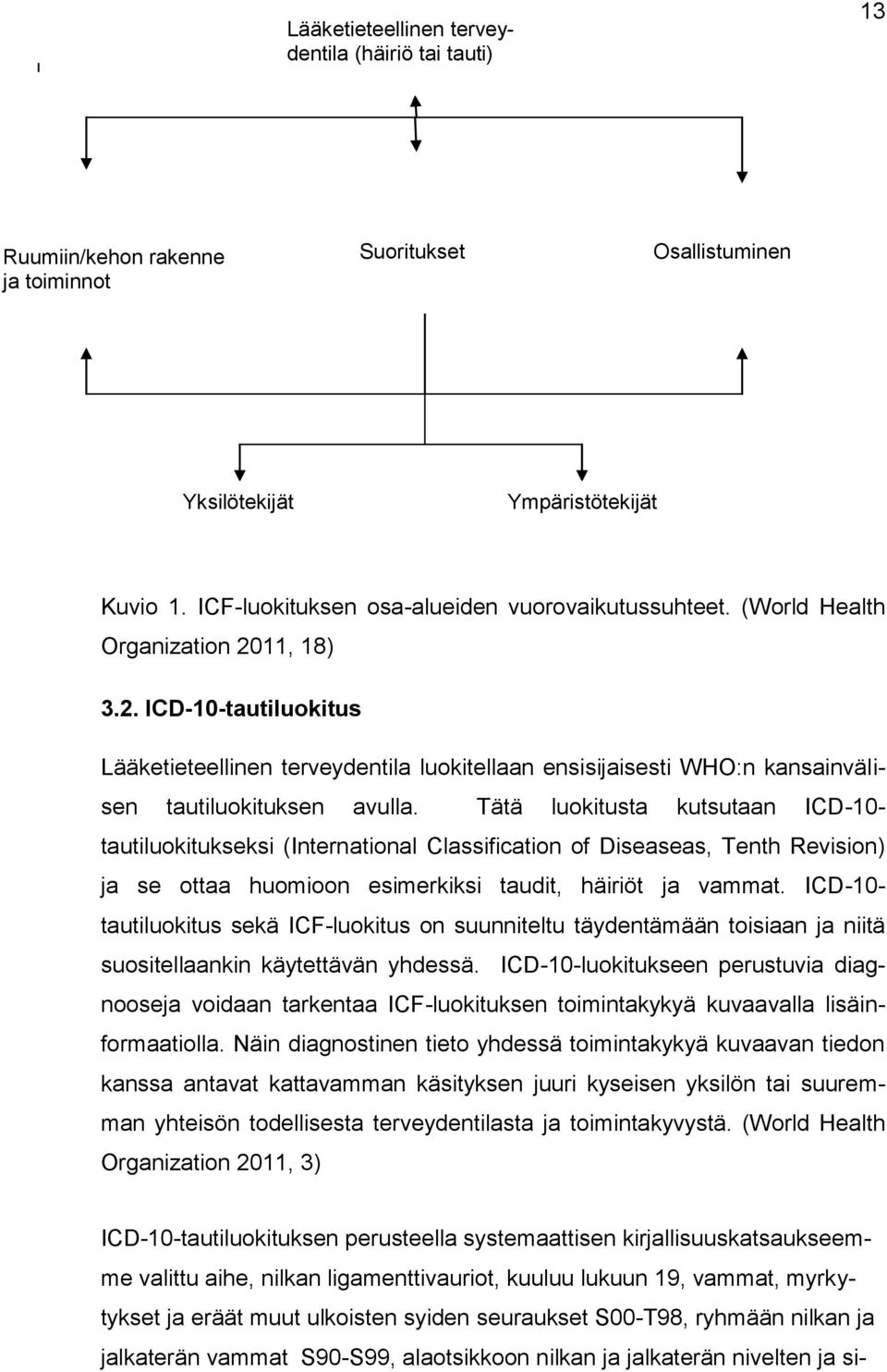 11, 18) 3.2. ICD-10-tautiluokitus Lääketieteellinen terveydentila luokitellaan ensisijaisesti WHO:n kansainvälisen tautiluokituksen avulla.