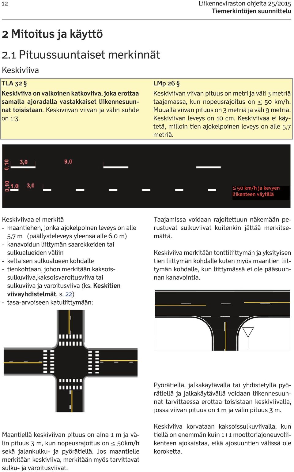 LMp 26 Keskiviivan viivan pituus on metri ja väli 3 metriä taajamassa, kun nopeusrajoitus on < 50 km/h. Muualla viivan pituus on 3 metriä ja väli 9 metriä. Keskiviivan leveys on 10 cm.