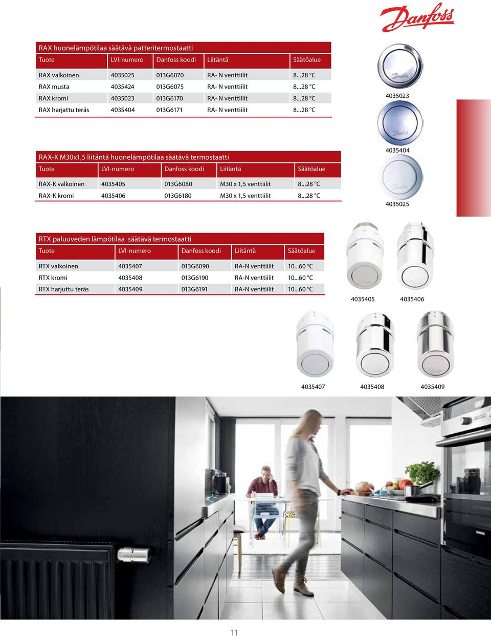 ..28 C 4035023 RAX-K M30x1,5 liitäntä huonelämpötilaa säätävä termostaatti Tuote LVI-numero Danfoss koodi Liitäntä Säätöalue RAX-K valkoinen 4035405 013G6080 M30 x 1,5 venttiilit 8.