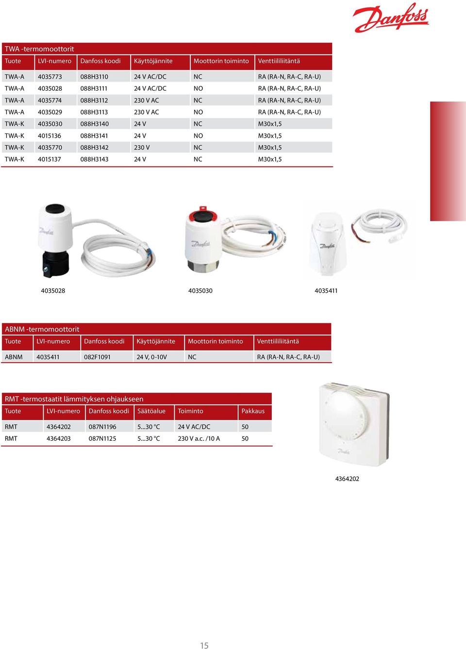 24 V NO M30x1,5 TWA-K 4035770 088H3142 230 V NC M30x1,5 TWA-K 4015137 088H3143 24 V NC M30x1,5 4035028 4035030 4035411 ABNM -termomoottorit Tuote LVI-numero Danfoss koodi Käyttöjännite Moottorin