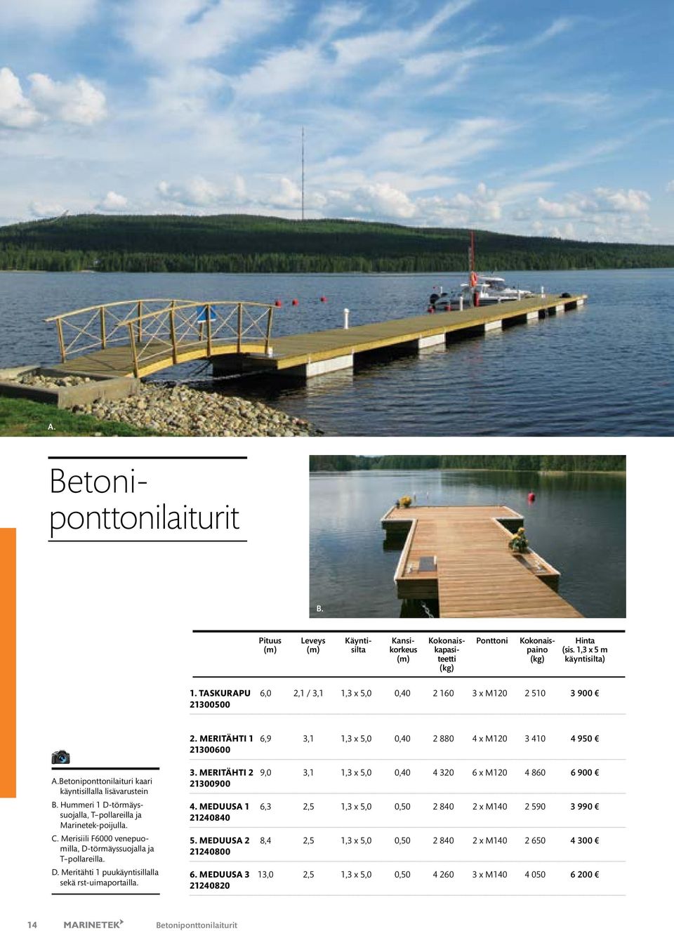 Betoniponttonilaituri kaari käyntisillalla lisävarustein B. Hummeri 1 D-törmäys - suojalla, T pollareilla ja Marinetek-poijulla. C. Merisiili F6000 venepuomilla, D-törmäyssuojalla ja T pollareilla. D. Meritähti 1 puukäyntisillalla sekä rst-uimaportailla.