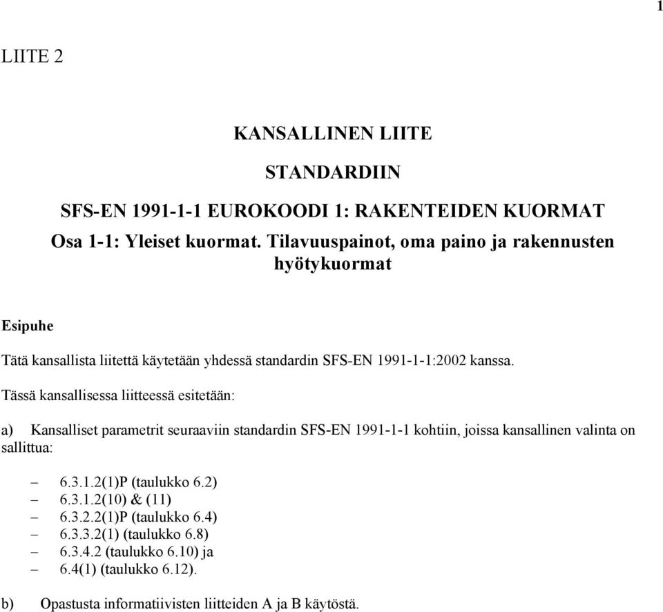 Tässä kansallisessa liitteessä esitetään: a) Kansalliset parametrit seuraaviin standardin SFS-EN 1991-1-1 kohtiin, joissa kansallinen valinta on sallittua: