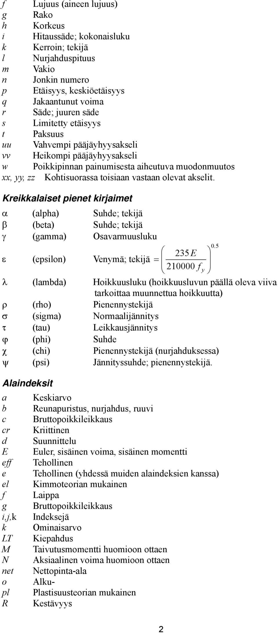 Kreikkalaiset pienet kirjaimet α (alpha) Suhde; tekijä β (beta) Suhde; tekijä γ (gamma) Osavarmuusluku ε (epsilon) 35 Venymä; tekijä E = 10000 f y λ (lambda) Hoikkuusluku (hoikkuusluvun päällä oleva