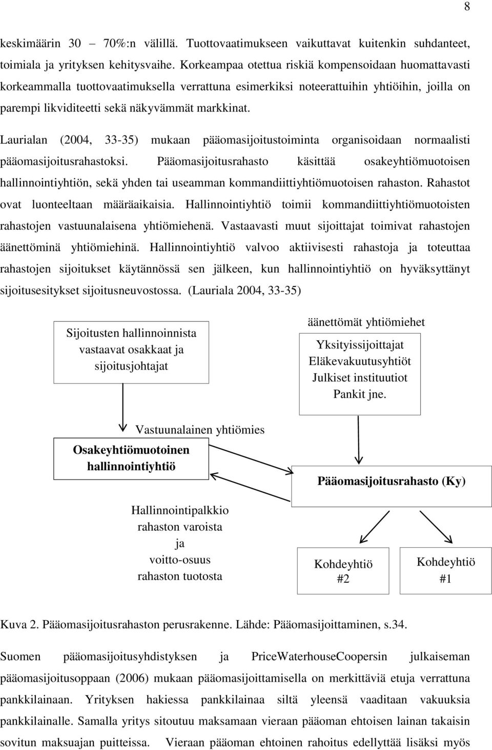 Laurialan (2004, 33-35) mukaan pääomasijoitustoiminta organisoidaan normaalisti pääomasijoitusrahastoksi.