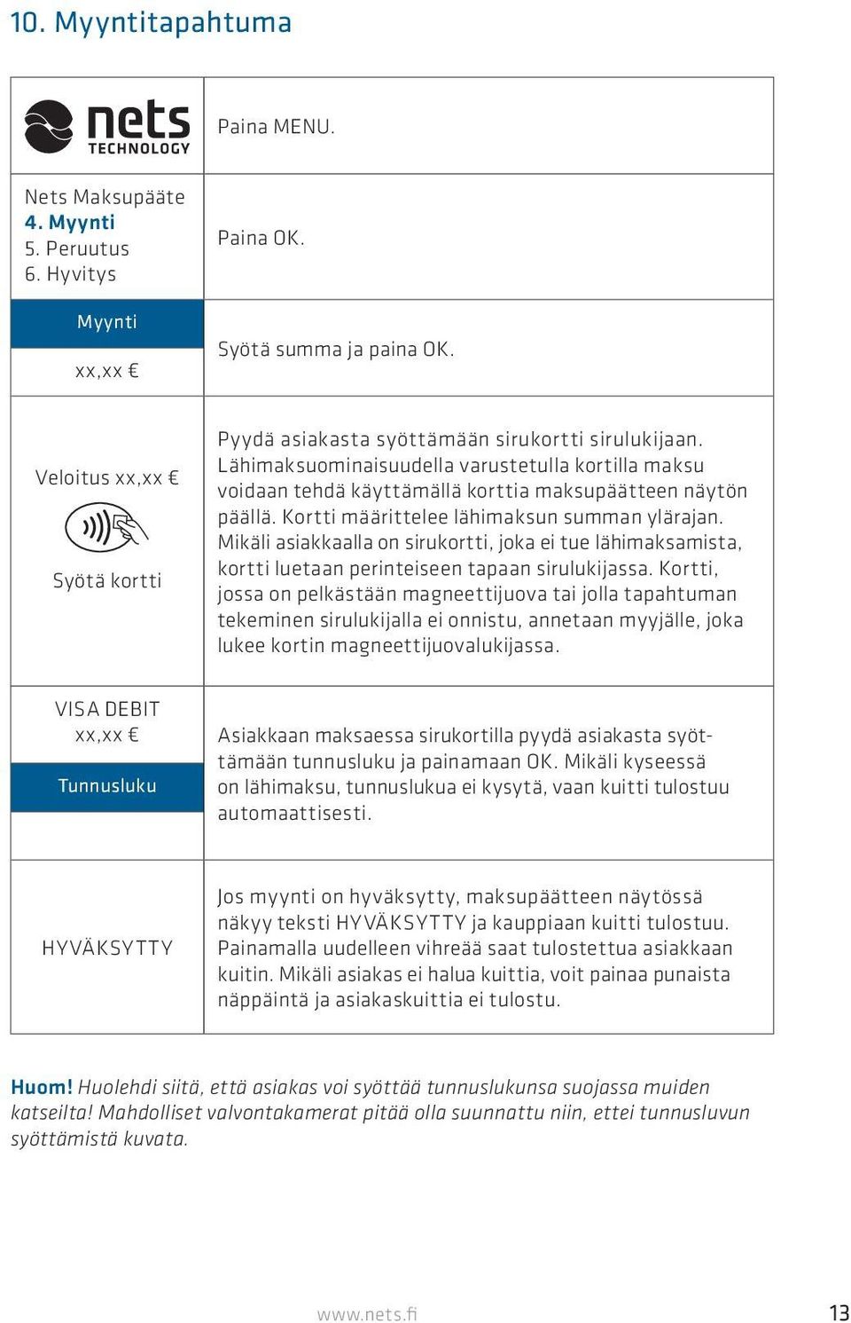 Kortti määrittelee lähimaksun summan ylärajan. Mikäli asiakkaalla on sirukortti, joka ei tue lähimaksamista, kortti luetaan perinteiseen tapaan sirulukijassa.