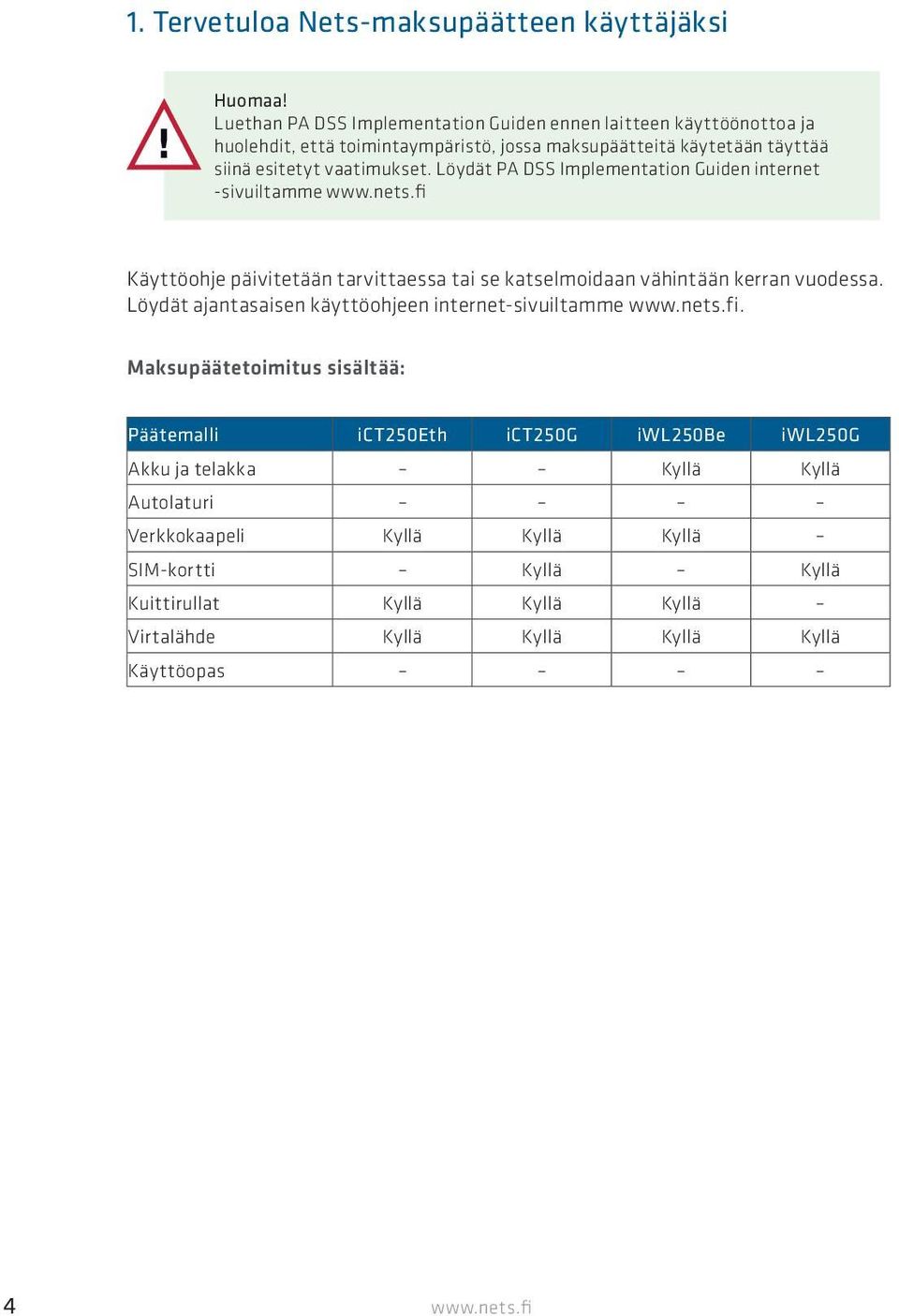Löydät PA DSS Implementation Guiden internet -sivuiltamme www.nets.fi Käyttöohje päivitetään tarvittaessa tai se katselmoidaan vähintään kerran vuodessa.