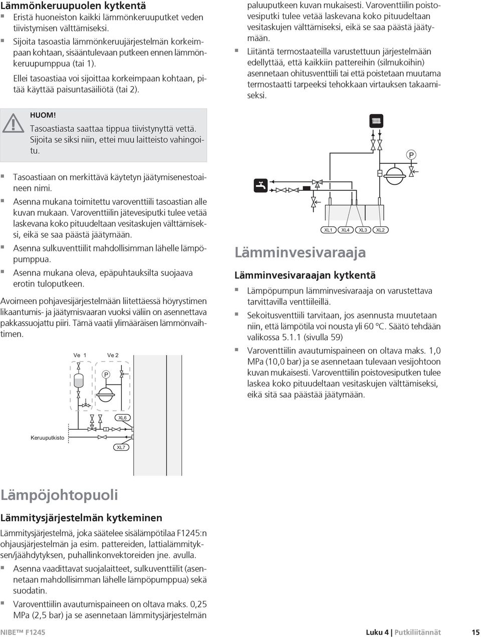 Ellei tasoastiaa voi sijoittaa korkeimpaan kohtaan, pitää käyttää paisuntasäiliötä (tai 2). HUOM! Tasoastiasta saattaa tippua tiivistynyttä vettä.