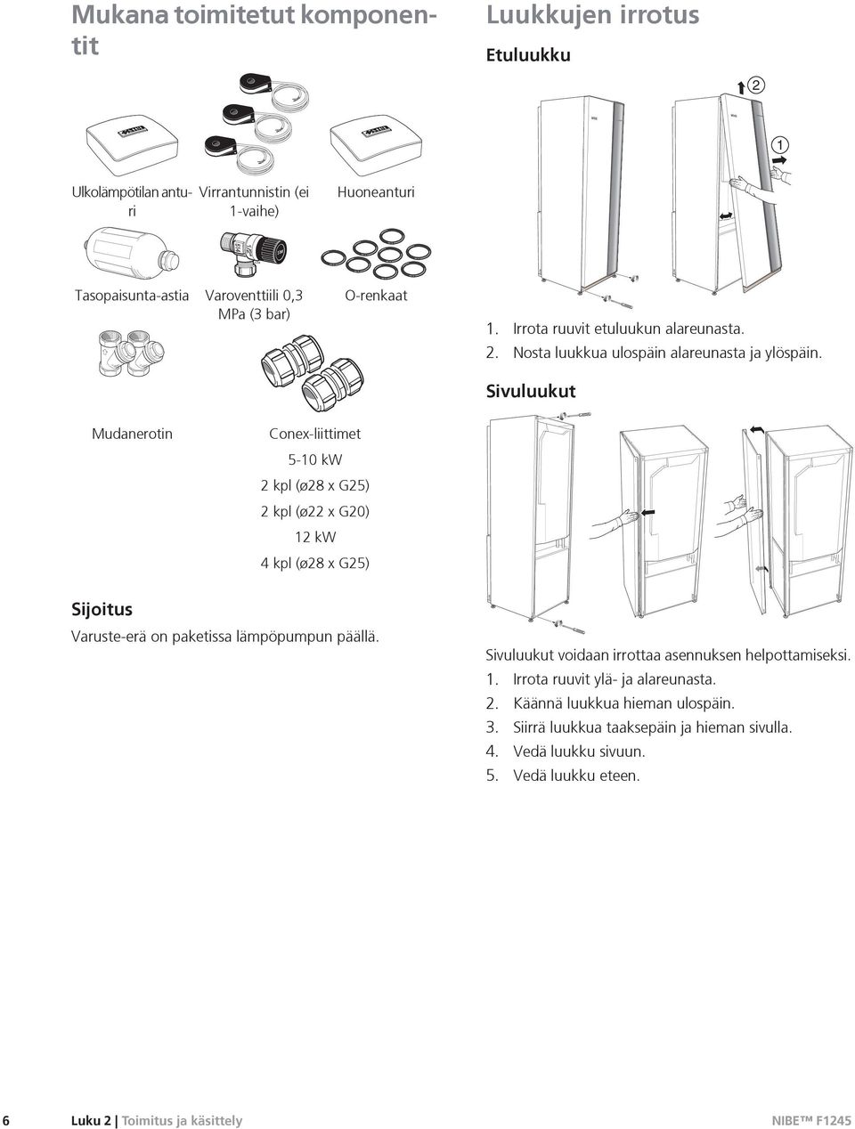 Sivuluukut Mudanerotin Conex-liittimet 5-10 kw 2 kpl (ø28 x G25) 2 kpl (ø22 x G20) 12 kw 4 kpl (ø28 x G25) Sijoitus LEK LEK LEK Varuste-erä on paketissa lämpöpumpun päällä.