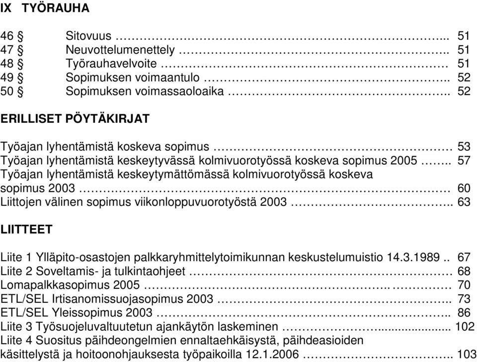 . 57 Työajan lyhentämistä keskeytymättömässä kolmivuorotyössä koskeva sopimus 2003 60 Liittojen välinen sopimus viikonloppuvuorotyöstä 2003.