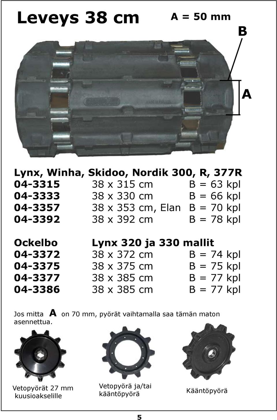 cm B = 74 kpl 04-3375 38 x 375 cm B = 75 kpl 04-3377 38 x 385 cm B = 77 kpl 04-3386 38 x 385 cm B = 77 kpl Jos mitta A on 70