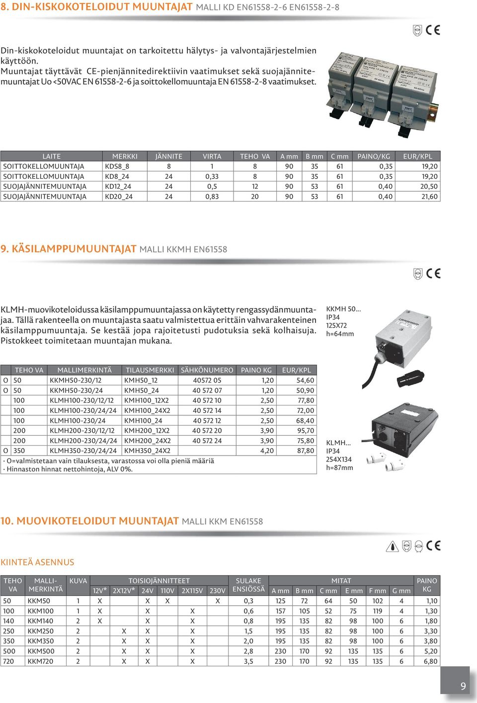 LITE MERKKI JÄNNITE VIRT TEHO V PINO/KG EUR/KPL SOITTOKELLOMUUNTJ KDS8_8 8 1 8 90 35 61 0,35 19,20 SOITTOKELLOMUUNTJ KD8_24 24 0,33 8 90 35 61 0,35 19,20 SUOJJÄNNITEMUUNTJ KD12_24 24 0,5 12 90 53 61