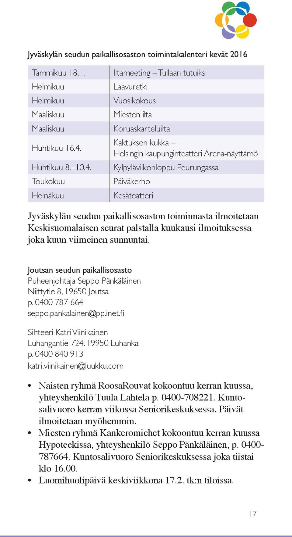 Toukokuu Heinäkuu Iltameeting Tullaan tutuiksi Laavuretki Vuosikokous Miesten ilta Koruaskarteluilta Kaktuksen kukka Helsingin kaupunginteatteri Arena-näyttämö Kylpyläviikonloppu Peurungassa