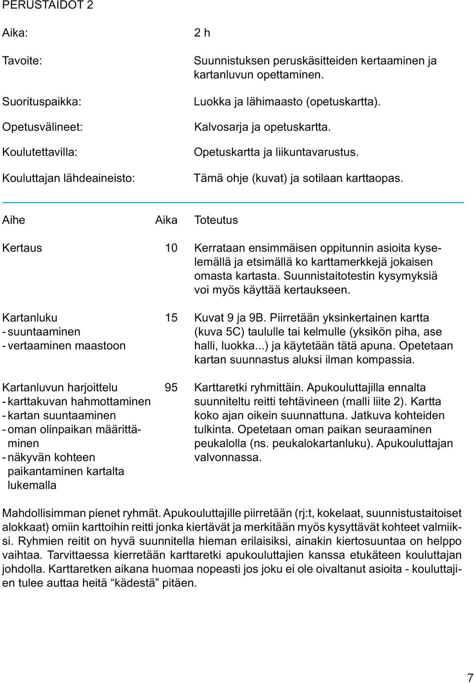 Aihe Aika Toteutus Kertaus 10 Kerrataan ensimmäisen oppitunnin asioita kyselemällä ja etsimällä ko karttamerkkejä jokaisen omasta kartasta. Suunnistaitotestin kysymyksiä voi myös käyttää kertaukseen.