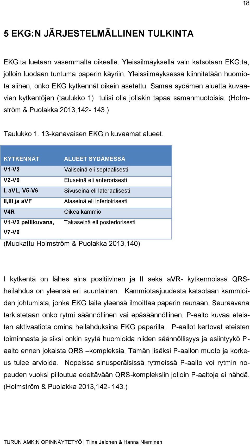 (Holmström & Puolakka 2013,142-143.) Taulukko 1. 13-kanavaisen EKG:n kuvaamat alueet.