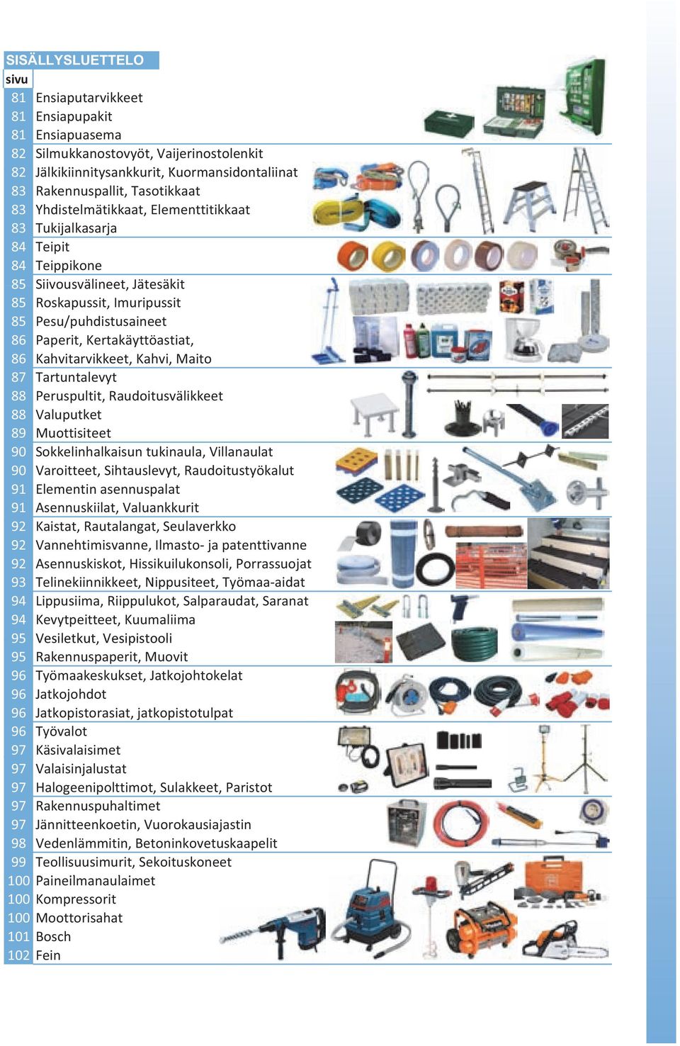 Paperit, Kertakäyttöastiat, 86 Kahvitarvikkeet, Kahvi, Maito 87 Tartuntalevyt 88 Peruspultit, Raudoitusvälikkeet 88 Valuputket 89 Muottisiteet 90 Sokkelinhalkaisun tukinaula, Villanaulat 90