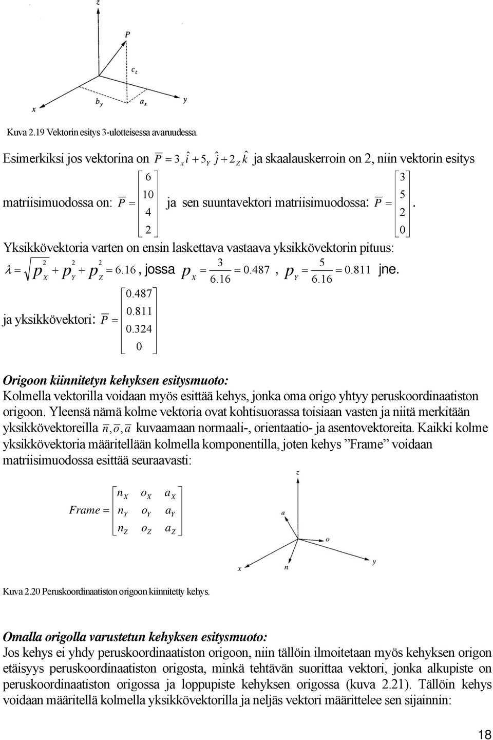 4 2 2 Yksikkövektoria varten on ensin laskettava vastaava yksikkövektorin pituus: λ = 2 2 2 p + p + p = 6.16, jossa 3 487 5 p = =. X Y Z X, p = =. 811 6.16 Y jne. 6.16.487.811 ja yksikkövektori: P =.