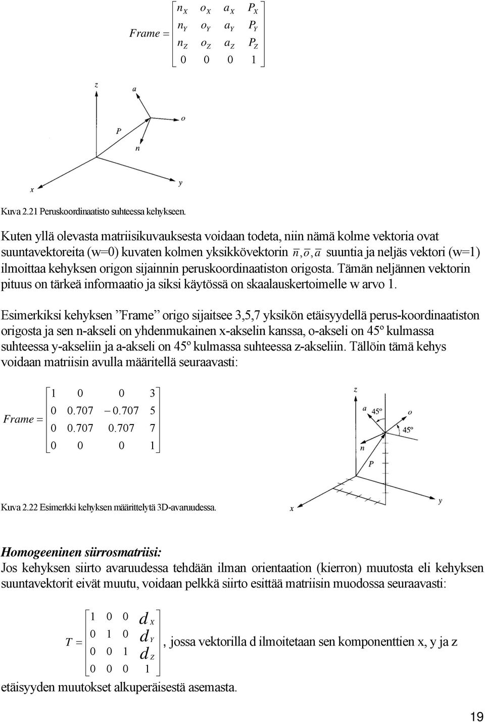 origon sijainnin peruskoordinaatiston origosta. Tämän neljännen vektorin pituus on tärkeä informaatio ja siksi käytössä on skaalauskertoimelle w arvo 1.