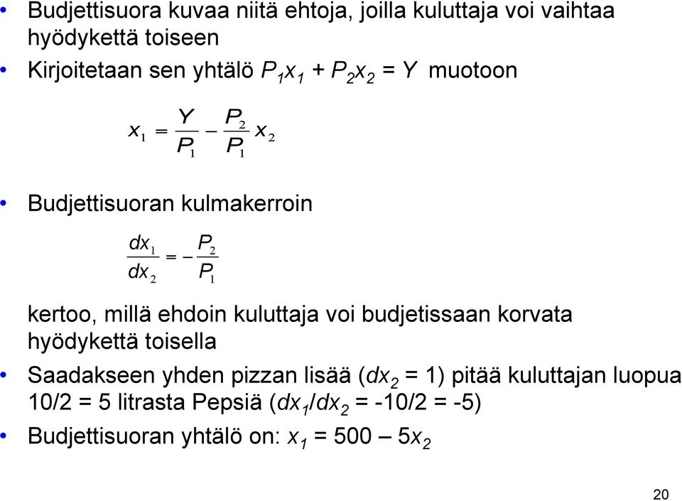 ehdoin kuluttaja voi budjetissaan korvata hyödykettä toisella Saadakseen yhden pizzan lisää (dx 2 = 1) pitää