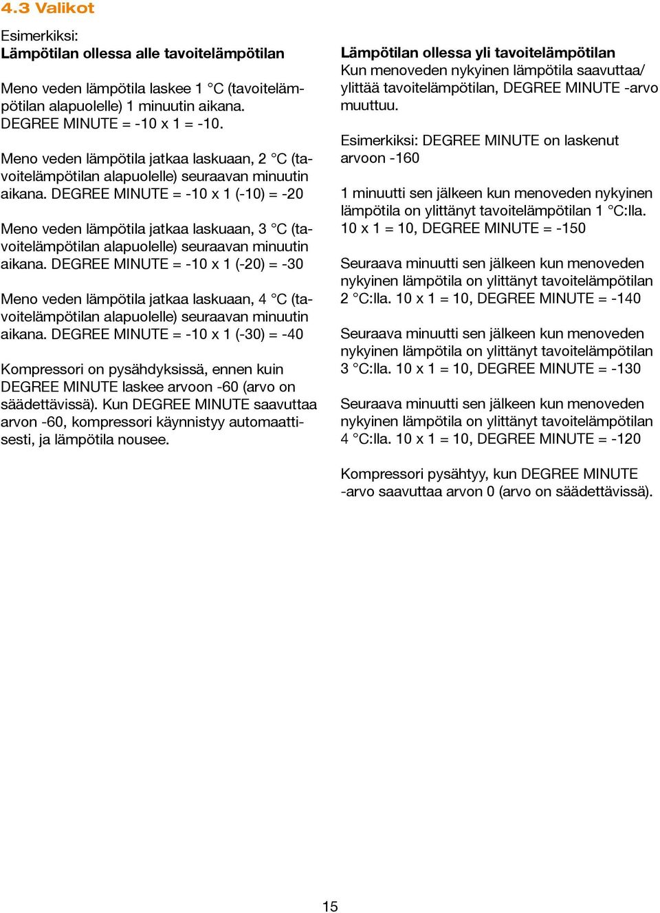 DEGREE MINUTE = -10 x 1 (-10) = -20 Meno veden lämpötila jatkaa laskuaan, 3 C (tavoitelämpötilan alapuolelle) seuraavan minuutin aikana.