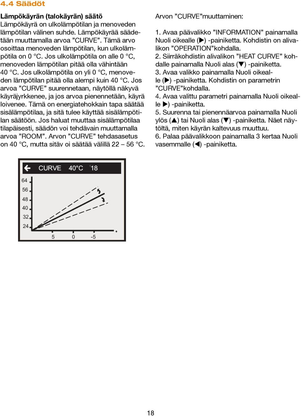 Jos ulkolämpötila on yli 0 C, menoveden lämpötilan pitää olla alempi kuin 40 C. Jos arvoa CURVE suurennetaan, näytöllä näkyvä käyräjyrkkenee, ja jos arvoa pienennetään, käyrä loivenee.