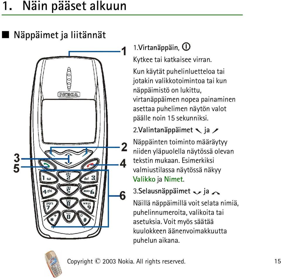 noin 15 sekunniksi. 2.Valintanäppäimet ja Näppäinten toiminto määräytyy niiden yläpuolella näytössä olevan tekstin mukaan.