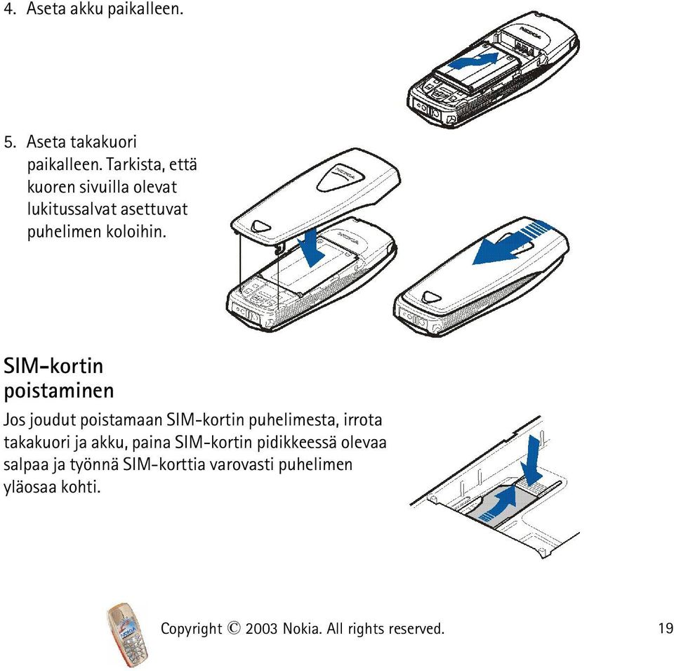 SIM-kortin poistaminen Jos joudut poistamaan SIM-kortin puhelimesta, irrota takakuori ja akku,